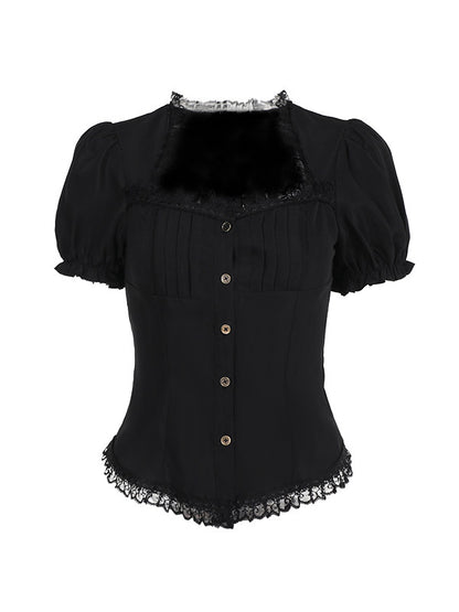 Black square-neck gothic blouse with puff sleeves, lace collar, and front buttons