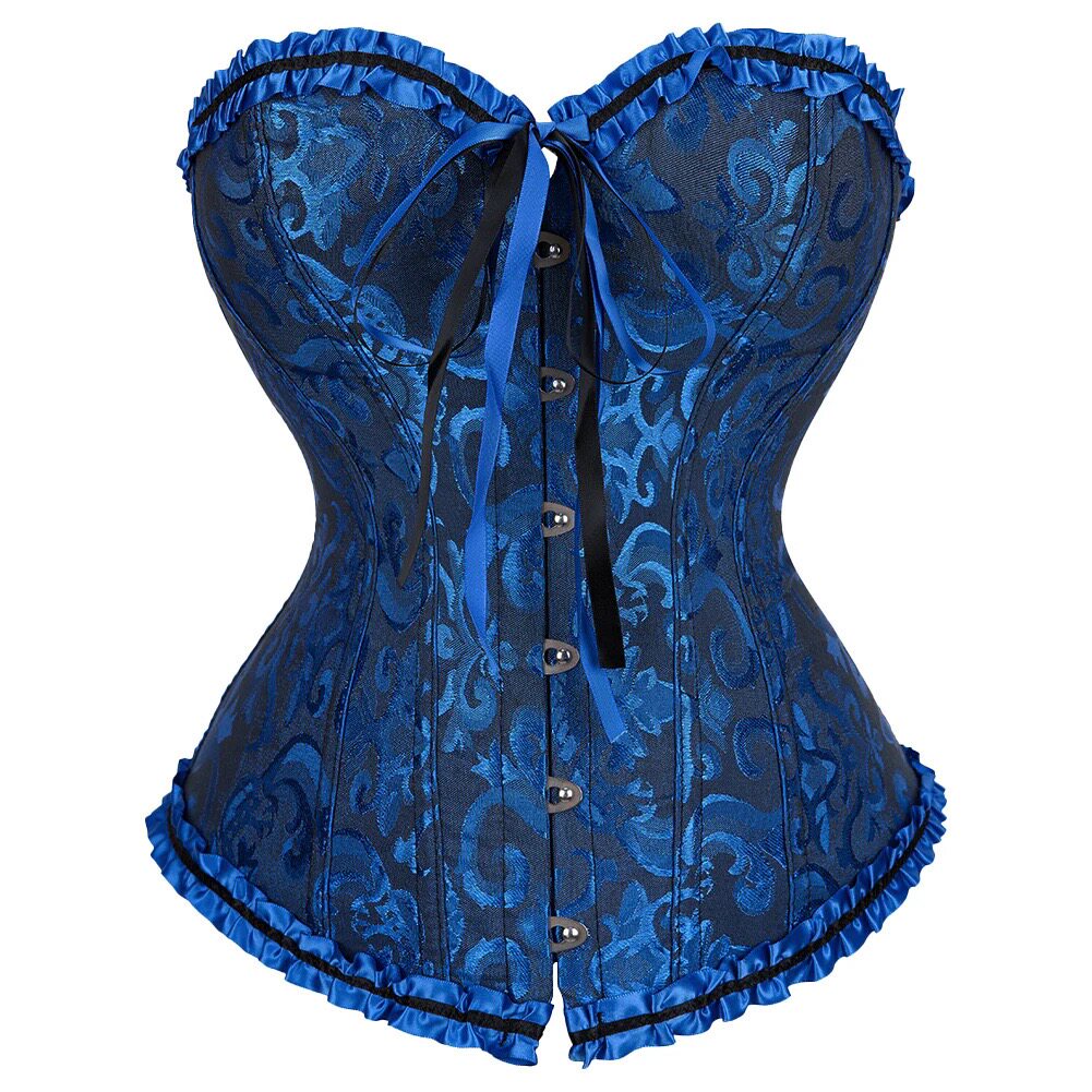 Blue brocade corset with sweetheart neckline, front buttons, black center panel and ruffled hem.