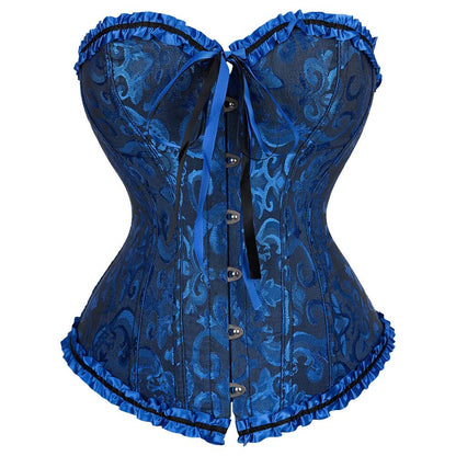 Blue brocade corset with sweetheart neckline, front buttons, black center panel and ruffled hem.