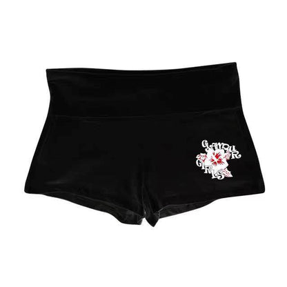 Black high-waist shorts with elastic waistband and small chest graphic logo