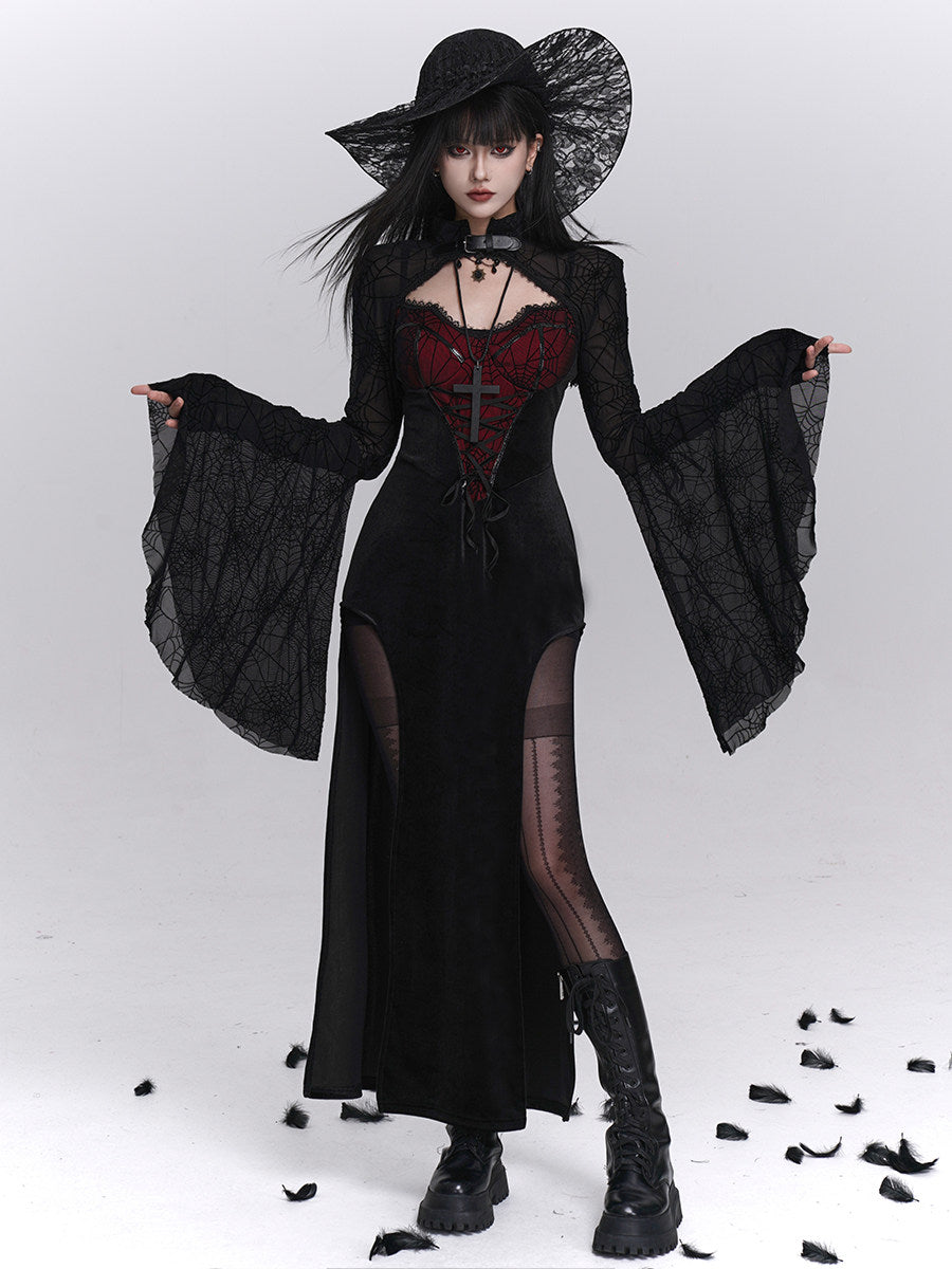 Black high-slit camisole dress with red corset bodice and wide sheer lace sleeves