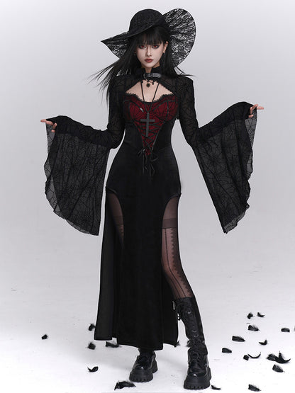 Black high-slit camisole dress with red corset bodice and wide sheer lace sleeves