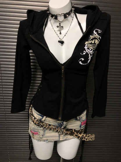 Black zip-up hooded sweatshirt jacket with chest graphic and gold zipper