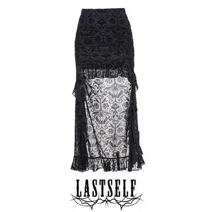 Black damask maxi skirt with sheer ruffle overlay and tiered hem