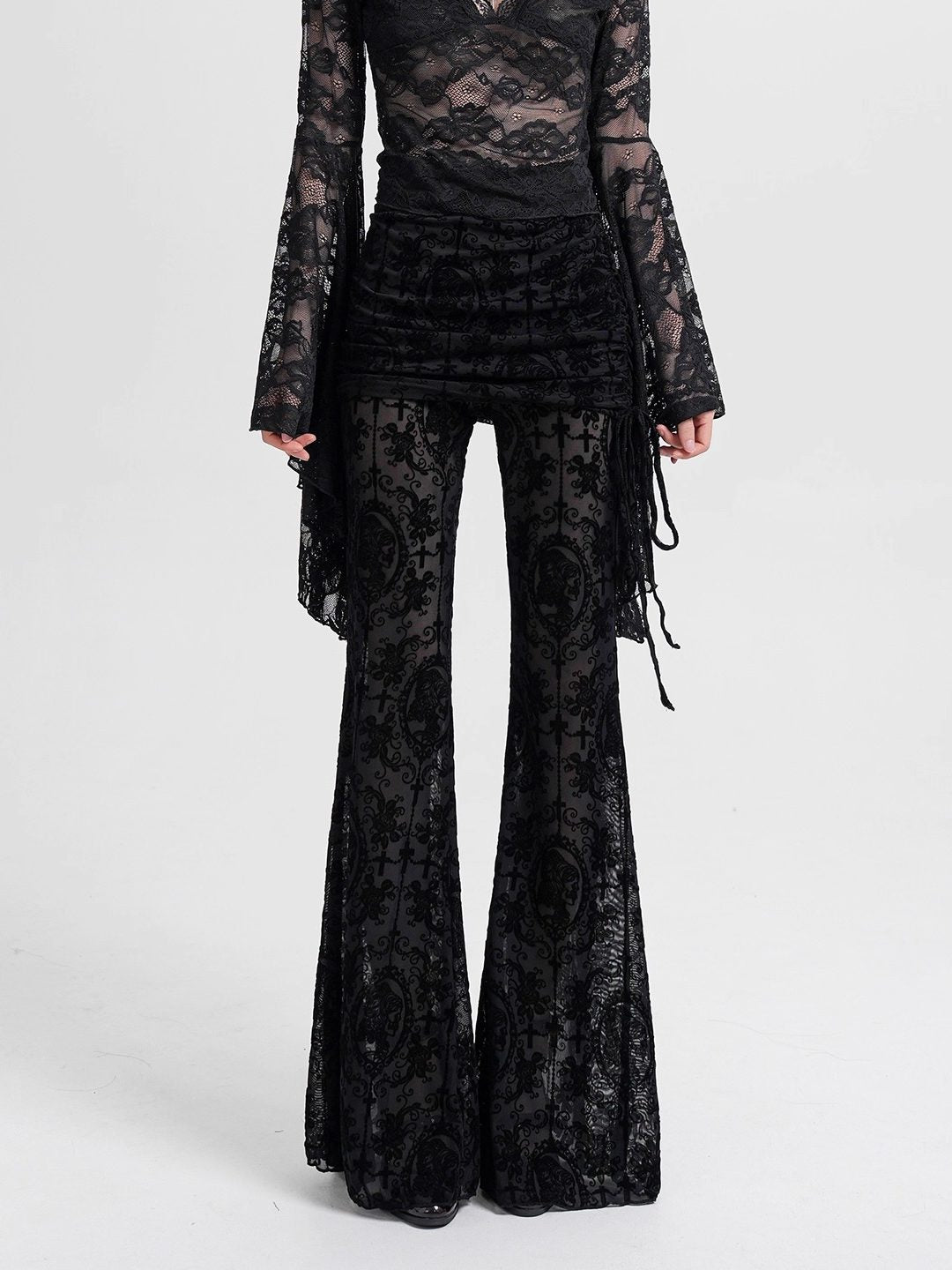 Black mesh flocked culottes with long lace hem and drawstring tassel details