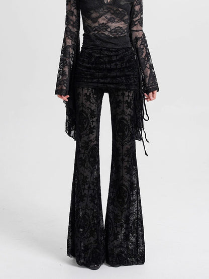 Black mesh flocked culottes with long lace hem and drawstring tassel details