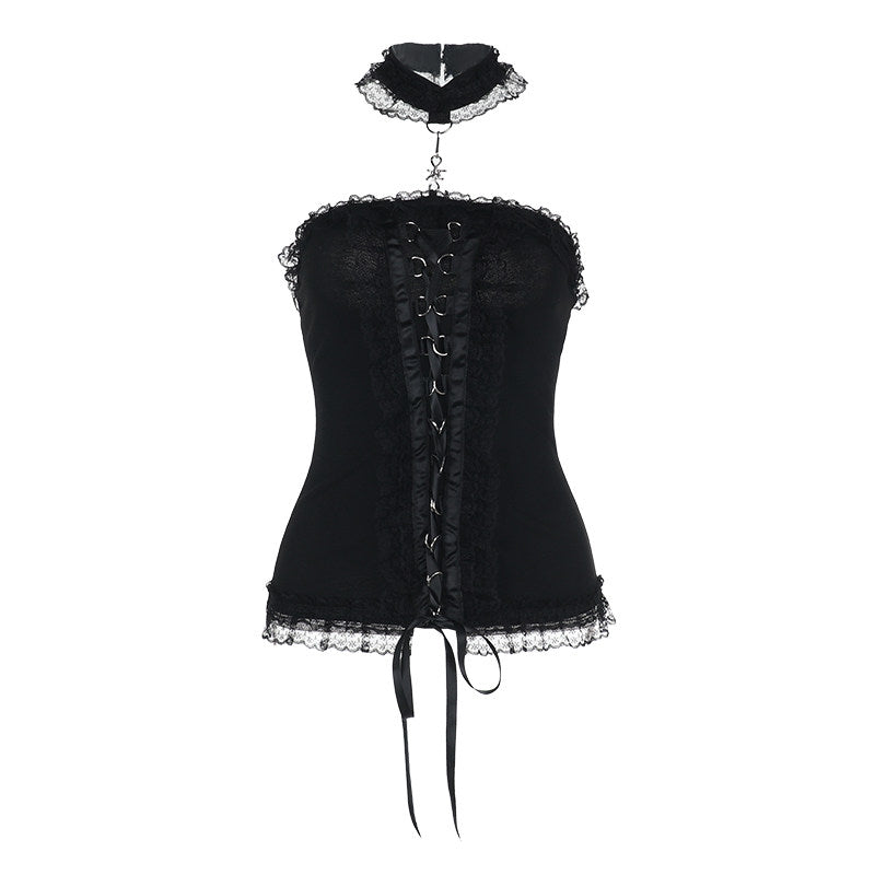 Black corset top with ruffled choker, front eyelet lacing, and lace-trim hem