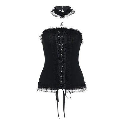 Black corset top with ruffled choker, front eyelet lacing, and lace-trim hem