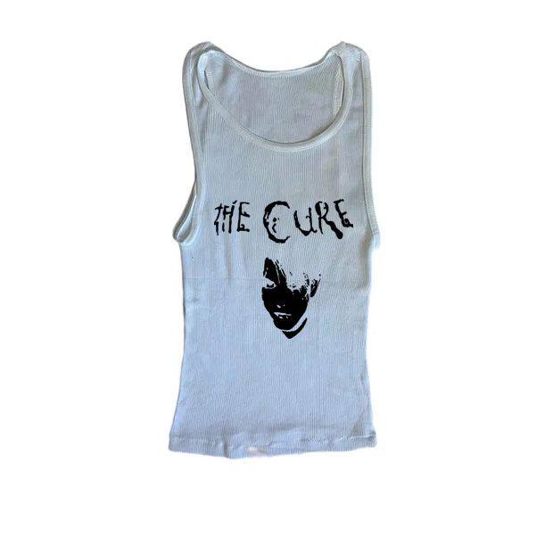 Sky blue sleeveless graphic cami with centered face logo print on front