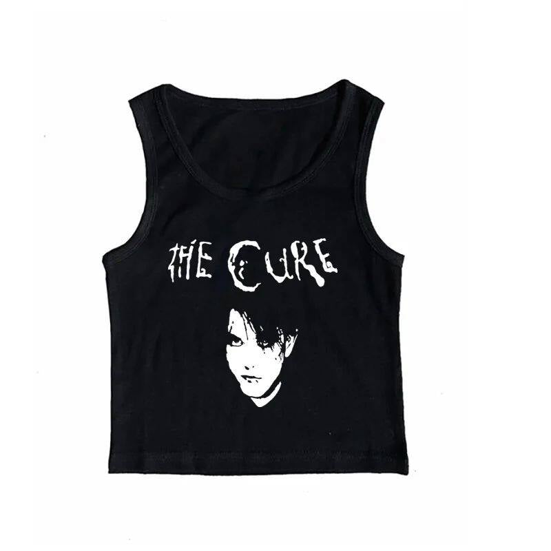 Black sleeveless graphic cami with scoop neck and white band logo front print