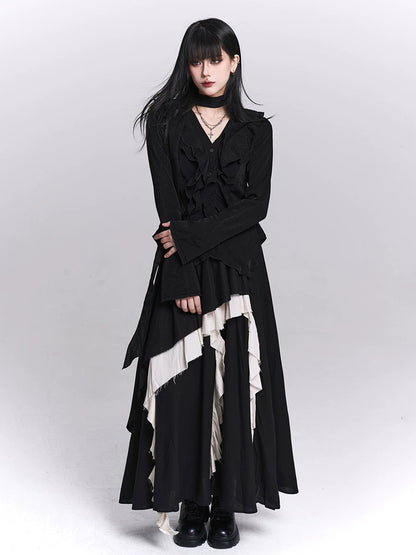 Black maxi skirt with asymmetric cascading ruffles and white contrasting sections