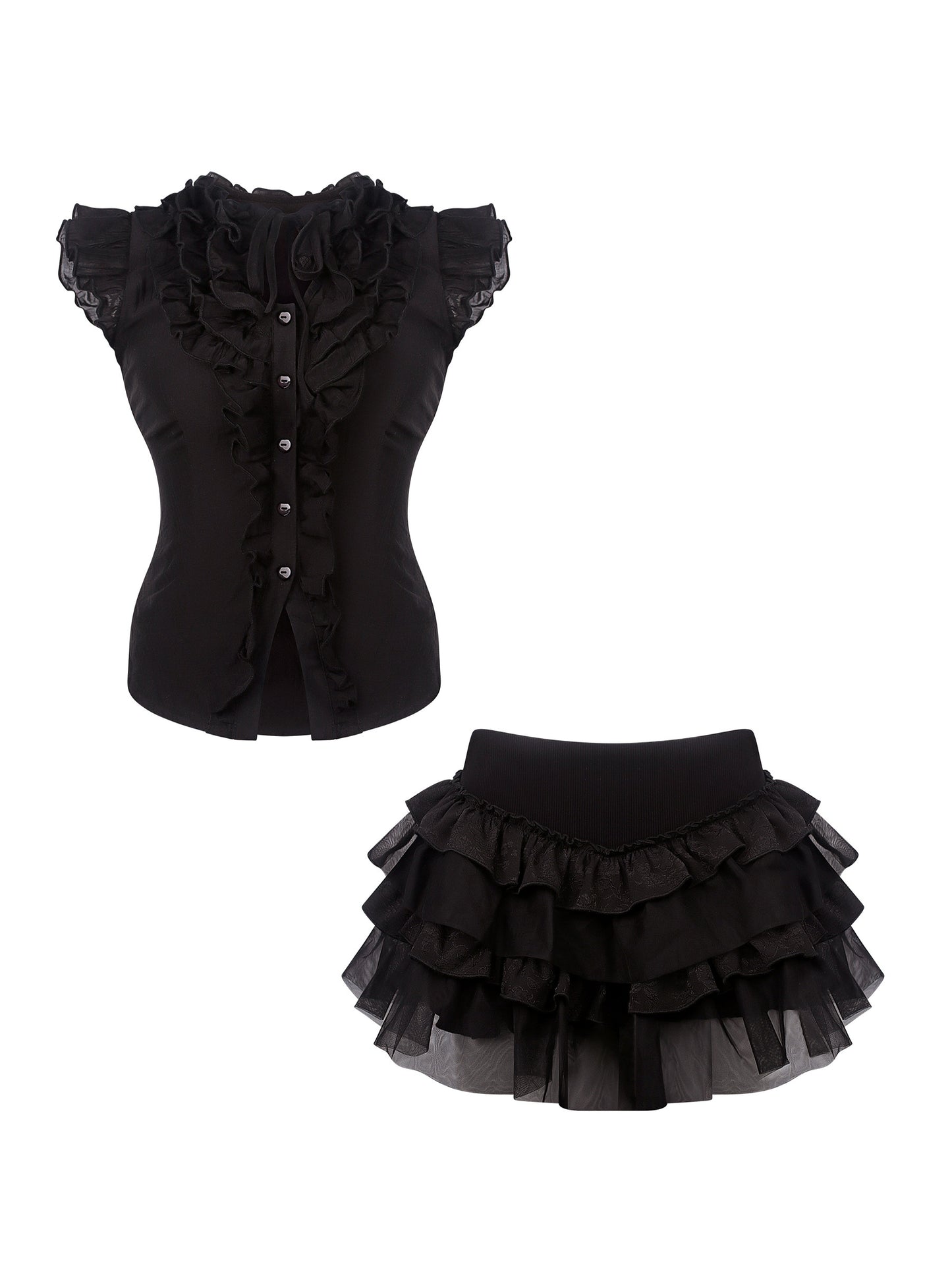 Black gothic tulle top with button front and ruffled yoke, paired with cake skirt