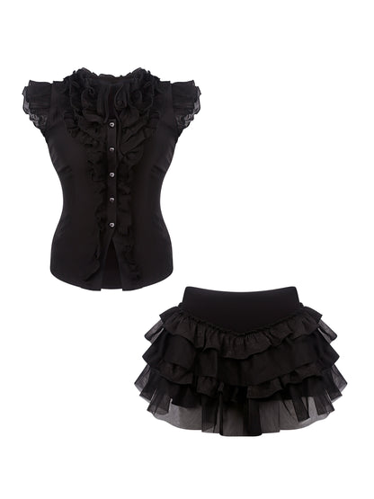 Black gothic tulle top with button front and ruffled yoke, paired with cake skirt