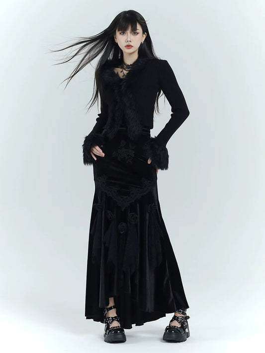 Ghost girl, black sweater, cardigan woman, thick soft waxy wool collar, knitted jacket, cool rich daughter outfit