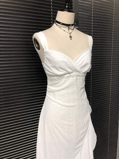 White chiffon camisole dress, diagonal wrap neckline and gathered waist detail