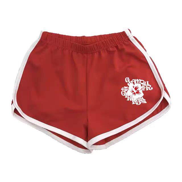 Red drawstring shorts with elastic waist and white side stripes