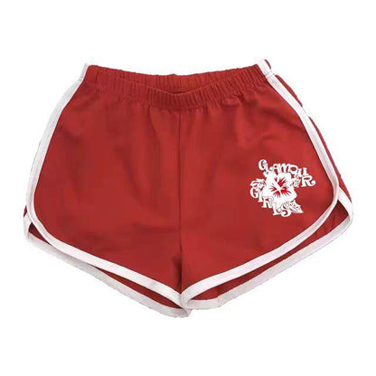 Red drawstring shorts with elastic waist and white side stripes