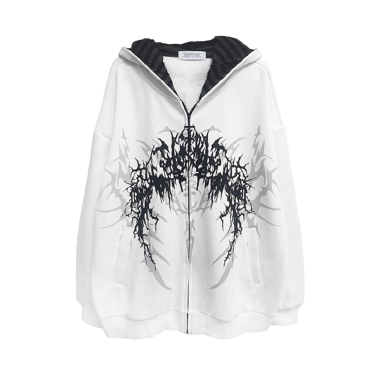 White hooded loose zip jacket with black gothic seal graphic and striped inner collar