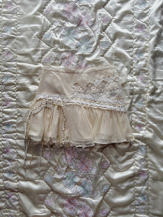 Apricot Sweet Lace Tassel Midi Skirt