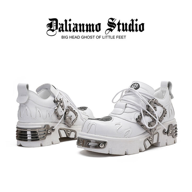 White lace-up platform shoes, side view, with silver hardware and treaded sole