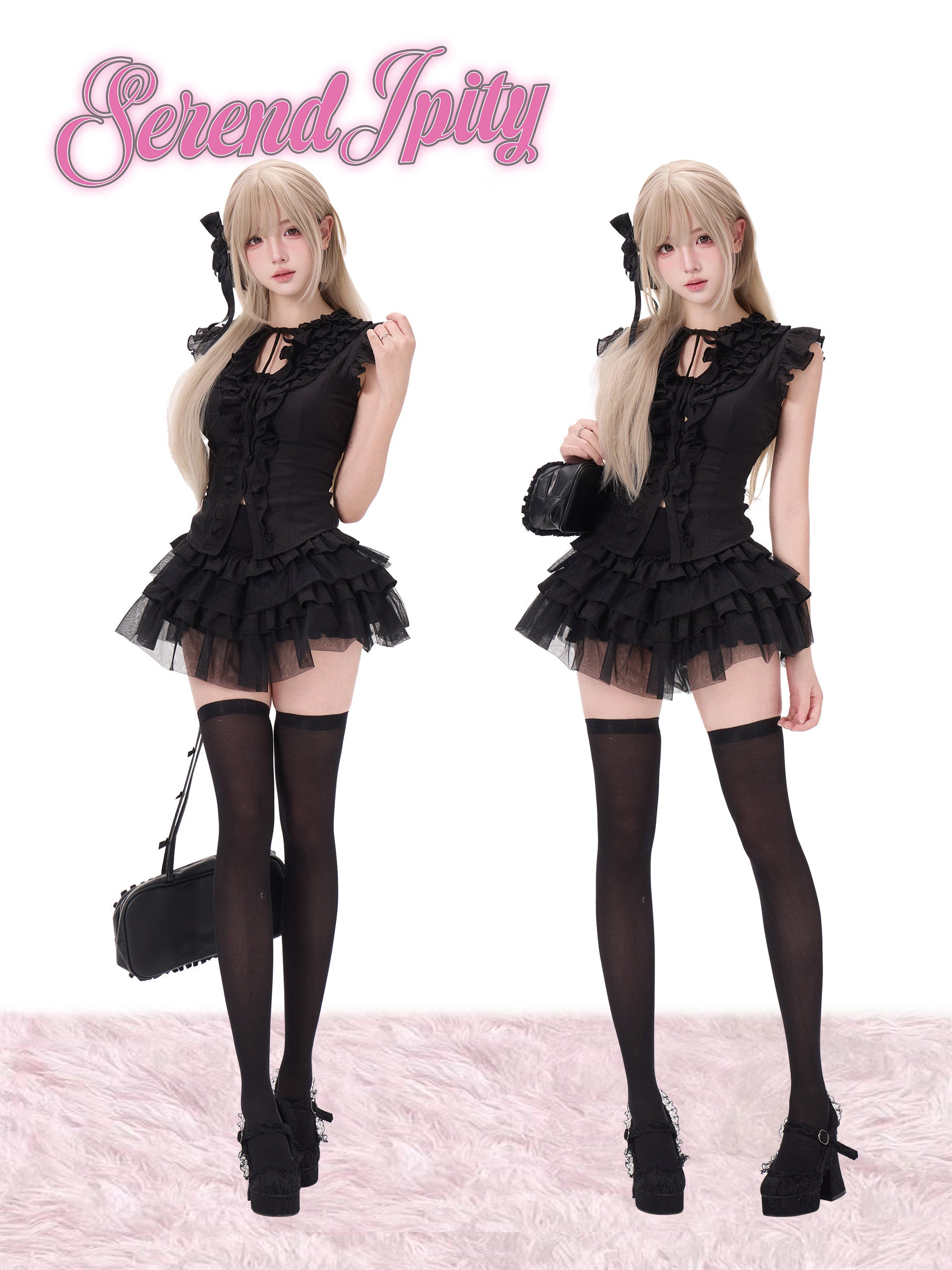 Black gothic tulle top and layered cake skirt set, sleeveless ruffle details front and back