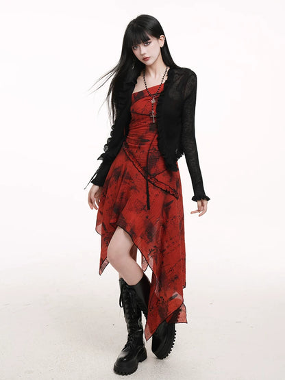 Black sheer cardigan with cropped open front and long sleeves, textured knit