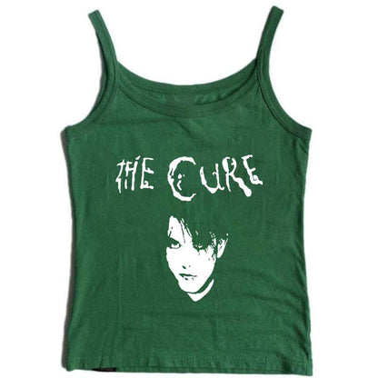 Green sleeveless graphic cami with centered The Cure logo and face print