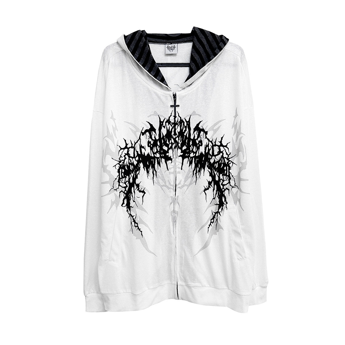 White hooded zip-up sweatshirt with central black gothic tattoo print graphic