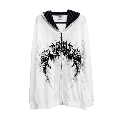 White hooded zip-up sweatshirt with central black gothic tattoo print graphic