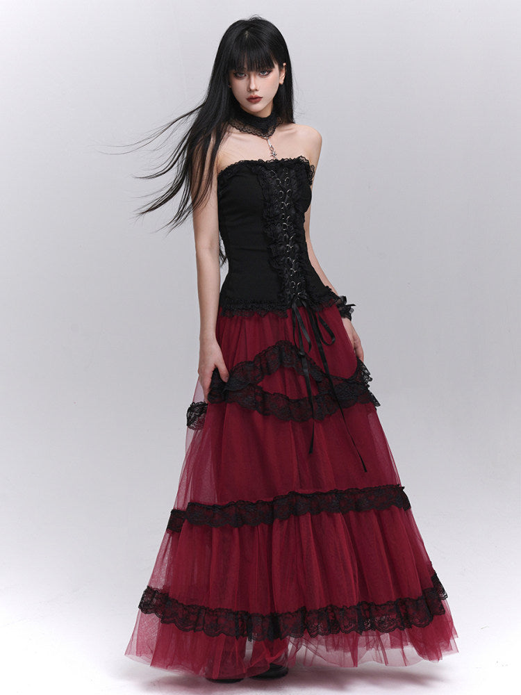 Burgundy tiered gauze maxi skirt with black lace ruffles and layered sheer tulle