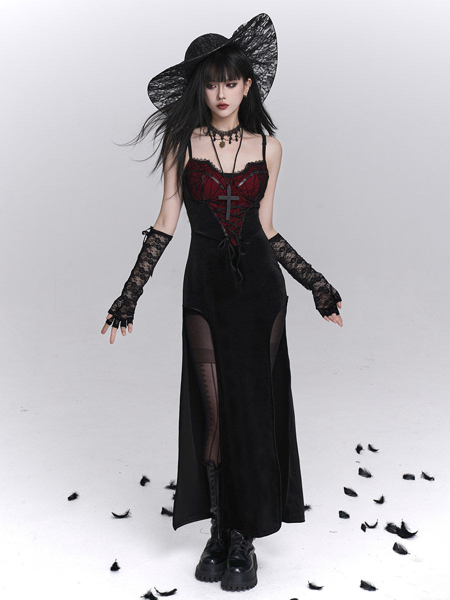 Black gothic maxi camisole dress with red corset bodice, lace gloves, high slit