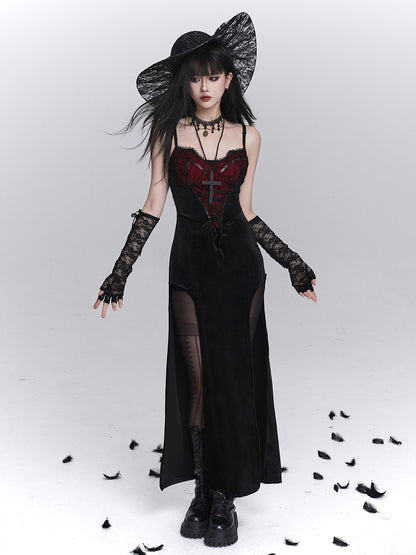 Black gothic maxi camisole dress with red corset bodice, lace gloves, high slit