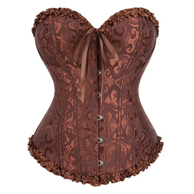 Brown brocade corset with ruffled edge trim, ribbon bow, and front button placket