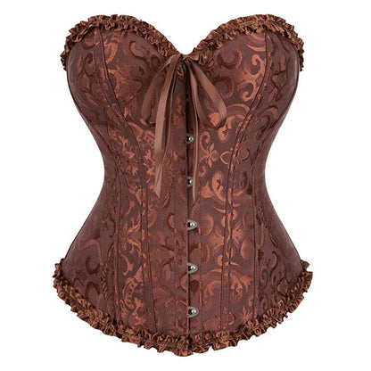 Brown brocade corset with ruffled edge trim, ribbon bow, and front button placket