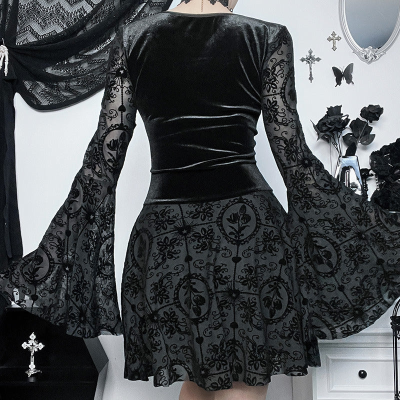 Black gothic skater dress bodice with corset shaping and patterned flared skirt