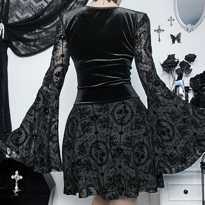 Black gothic skater dress bodice with corset shaping and patterned flared skirt