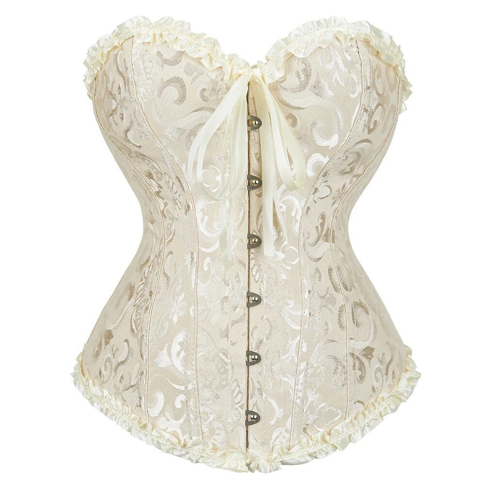Cream corset with ornate lace pattern and bow at bust, button-front closure
