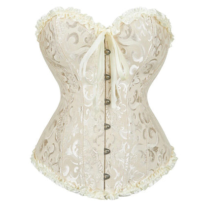 Cream corset with ornate lace pattern and bow at bust, button-front closure