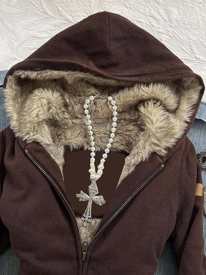 Brown fleece hooded zip jacket with faux fur-lined hood and visible front zipper
