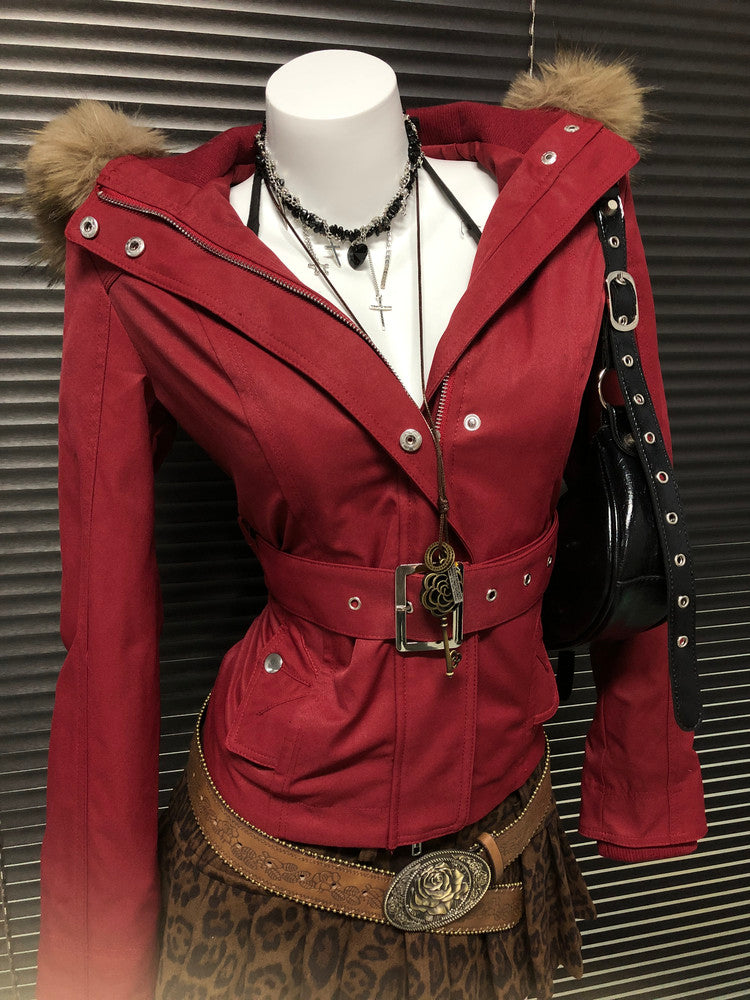 Red hooded parka jacket with snap accents, front zip, and faux fur-lined hood