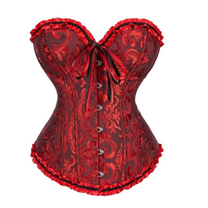 Red brocade corset with sweetheart neckline, front buttons, black ribbon tie and ruffled hem.