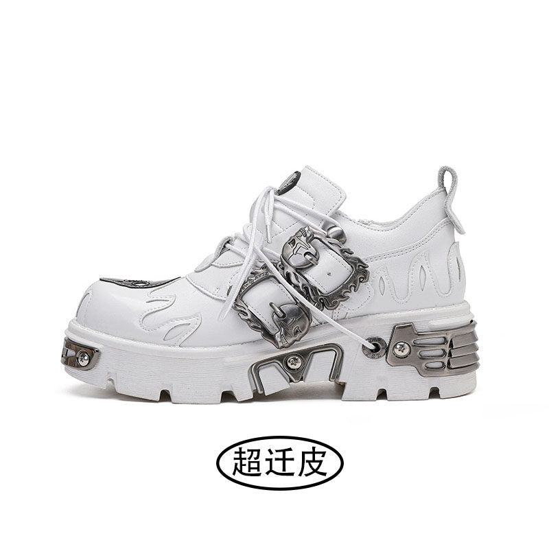 White lace-up platform shoes, side angle, with silver hardware and sculpted outsole