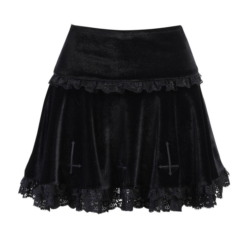 Black tiered embroidered skirt with cross motifs, scalloped trim, and lace hem