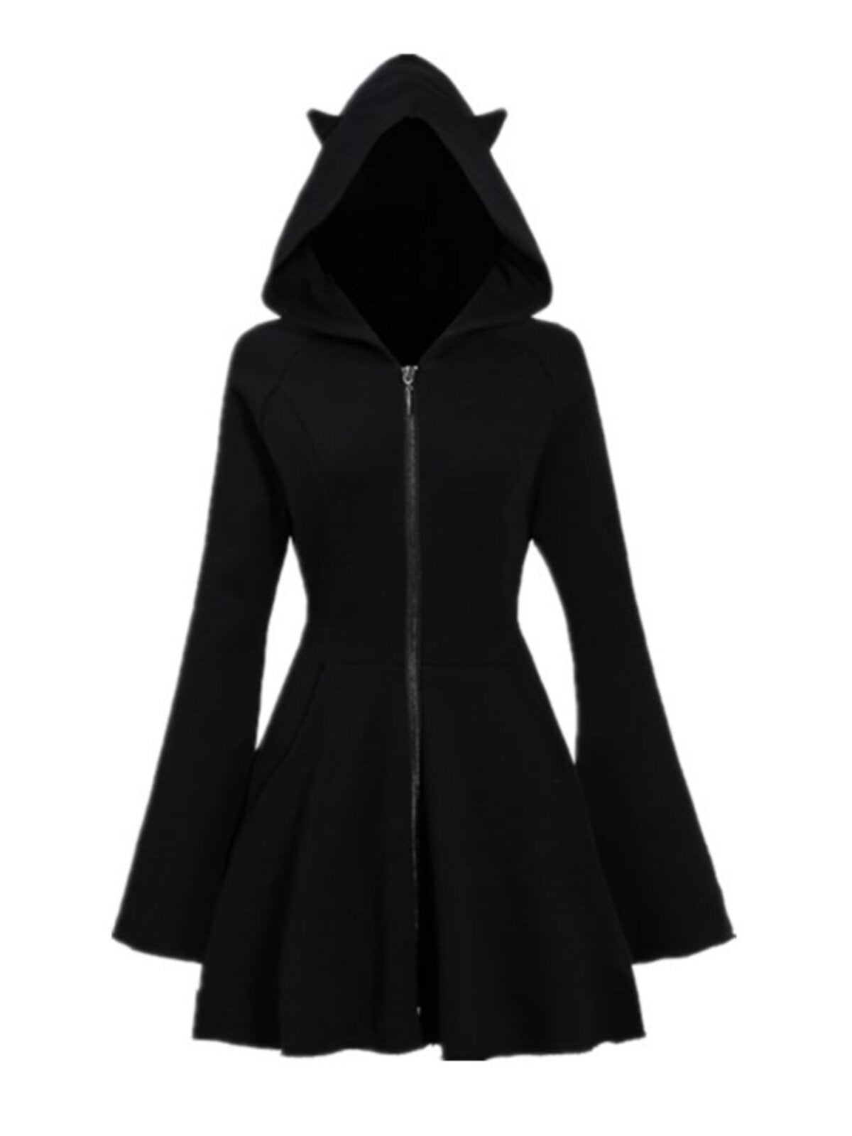 Black hooded sweater with front zipper and kangaroo pocket, flared skirt