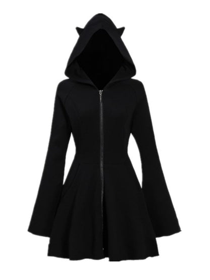 Black hooded sweater with front zipper and kangaroo pocket, flared skirt