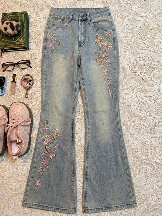 Blue Embroidered Slimming Slightly Flared Jeans