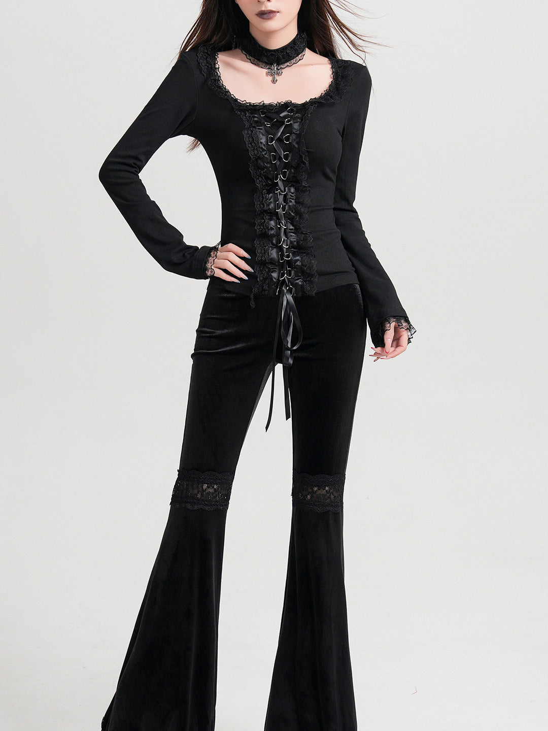 Black long-sleeve gothic top with lace choker, front corset lacing, and drawstring tie