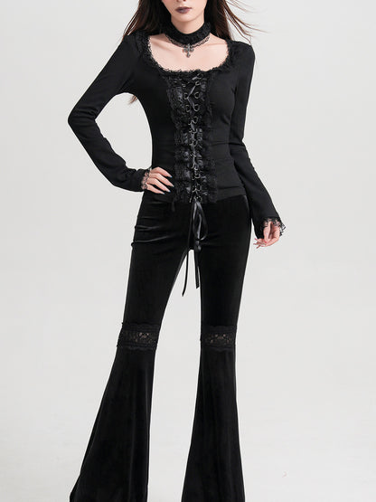 Black long-sleeve gothic top with lace choker, front corset lacing, and drawstring tie