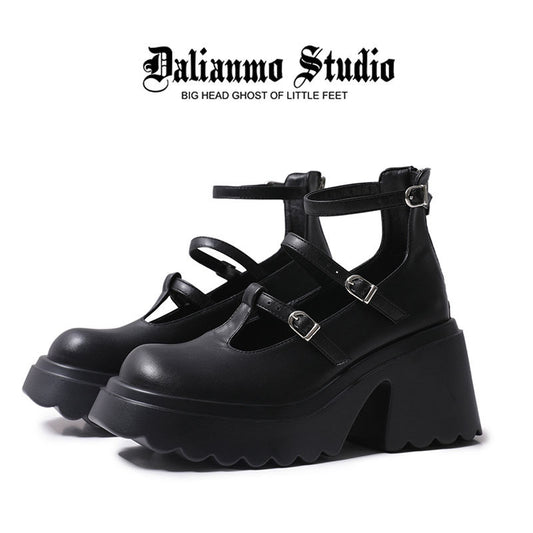 Black Mary Jane platform high heels, strappy upper with two buckles