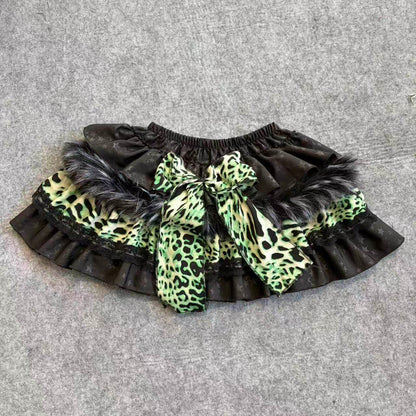 Lan Zong mini skirt, black with neon green leopard bow and layered ruffles